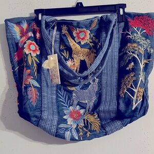 NWT Johnny Was Shopper Tote fully Embroidered denim Blue Tote Bag